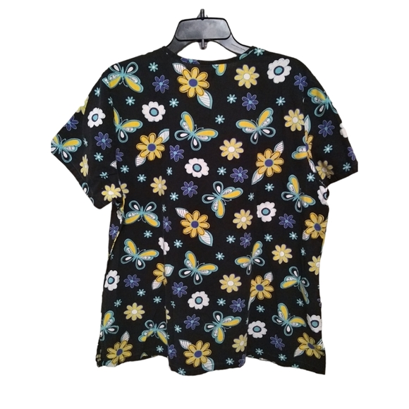 XL Scrub Shirt Short Sleeve. Flowers & Butterflies. 2 Pockets. - Picture 2 of 6